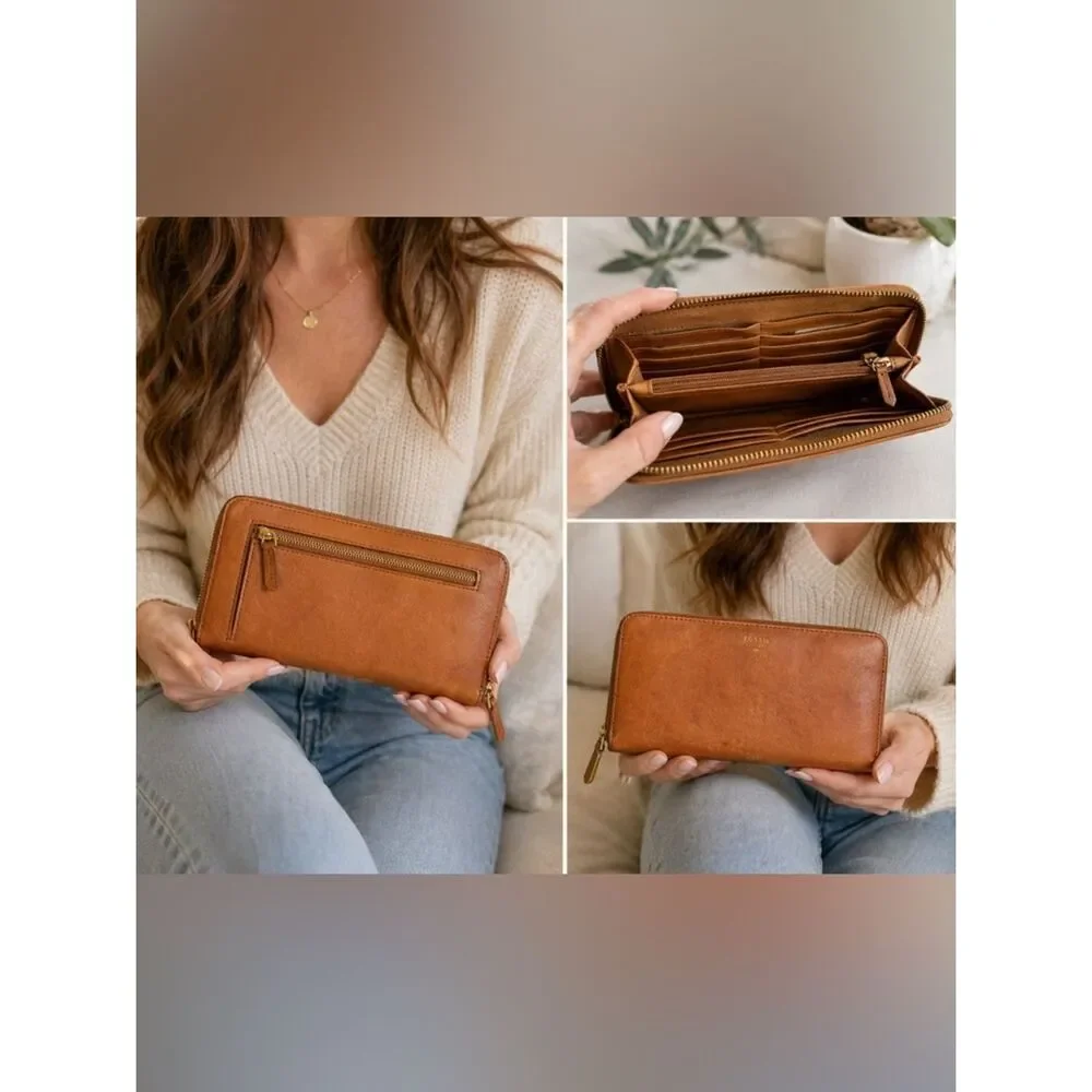 Fossil Tan Zip-Around Leather Wallet